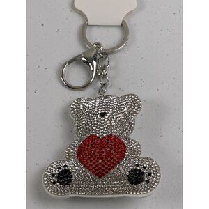 Sparkly Teddy Bear Keychain With Rhinestones & Red Heart